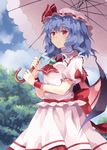  alternate_hairstyle ascot bat_wings blue_hair blush bow brooch cloud day dress fingernails hat hat_ribbon highres holding jewelry outdoors rasahan red_eyes remilia_scarlet ribbon short_hair skirt skirt_set sky smile solo touhou umbrella wings wrist_cuffs 