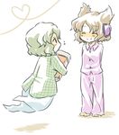  blush dress green_dress heart higashi_yuki multiple_girls pajamas pillow pillow_hug sketch smile soga_no_tojiko touhou toyosatomimi_no_miko 