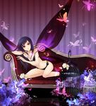  accel_world antenna_hair birdcage black_hair bug butterfly butterfly_wings cage chaise_longue fairy highres huazha01 insect kuroyukihime lingerie long_hair o-ring o-ring_bottom orange_eyes parted_lips solo strap_slip striped striped_background underwear vertical-striped_background vertical_stripes wings 