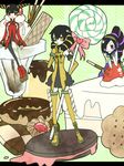  3girls ai_rin anarchy_reigns candy detached_sleeves eyepatch fei_rin food fruit headphones ice_cream icecream max_anarchy multiple_girls pale_skin pocky pudding purple_eyes red_eyes rin_rin sega siblings single_thighhigh sisters strawberry sweets tattoo thighhighs yellow_eyes 