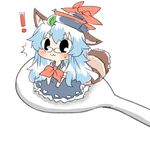  1girl :3 animal_ears blue_hair blush futatsuiwa_mamizou glasses hat kamishirasawa_keine leaf leaf_on_head long_hair lowres minigirl raccoon_ears raccoon_tail rebecca_(keinelove) rice_spoon simple_background solo spoon tail touhou v-shaped_eyebrows white_background 