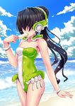  absurdres bad_id bad_pixiv_id bangle bangs beach black_hair blue_sky bracelet breasts cleavage cloud cowboy_shot day eating food hair_over_eyes headphones highres horizon jewelry kyoukaisenjou_no_horizon lens_flare long_hair medium_breasts mizutsuki_rei mukai_suzu ocean one-piece_swimsuit open_mouth outdoors ponytail popsicle sky solo sparkle strapless strapless_swimsuit sunlight swimsuit very_long_hair 