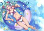  bikini blue_eyes flower food from_above green_hair hair_flower hair_ornament hatsune_miku hinagaeru innertube long_hair lying navel on_back popsicle solo swimsuit thigh_gap twintails vocaloid water watermelon_bar 