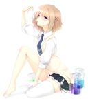  bare_legs barefoot beaker blonde_hair blue_eyes hair_ornament hairclip kisei_kanojo_sana luna_lia necktie pleated_skirt school_uniform short_hair simple_background single_thighhigh sitting skirt solo test_tube thighhighs tongue tongue_out vest white_background white_legwear 