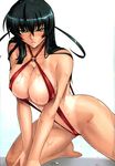  1girl absurdres bangs bare_legs bare_shoulders barefoot bent_over black_hair blush breasts collarbone dripping feet female green_eyes hair_between_eyes highres huge_breasts igawa_asagi kagami kagami_hirotaka kneeling legs long_hair looking_at_viewer mound_of_venus parted_lips red_swimsuit shiny shiny_skin simple_background sling_bikini solo swimsuit taimanin_asagi tan tanline thighs toes v_arms water wet wet_hair 