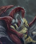  abstract_background anthro claws collaboration cuddling dragon embrace eyes_closed feline female feral feral_on_feral gaiasangel lynx male mammal nathradas nude rain scalie wet wings 