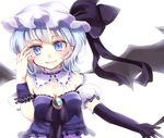  alternate_costume alternate_eye_color bad_id bad_pixiv_id bat_wings blue_eyes blue_hair bow breasts cleavage detached_sleeves fang hat hat_bow highres jewelry medium_breasts puffy_sleeves remilia_scarlet smile solo touhou ukita_uuko white_background wings wrist_cuffs 