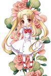  blonde_hair fate_testarossa flower hair_ribbon long_hair lyrical_nanoha mahou_shoujo_lyrical_nanoha mahou_shoujo_lyrical_nanoha_a's masaki3 puffy_sleeves red_eyes ribbon rose school_uniform smile solo thighhighs twintails very_long_hair white_background 