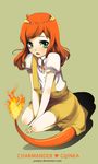  blush character_name charmander dress fang fire flat_chest gen_1_pokemon green_eyes highres jumpix long_hair looking_at_viewer open_mouth orange_hair personification pokemon puffy_short_sleeves puffy_sleeves seiza short_sleeves simple_background sitting solo tail watermark web_address 