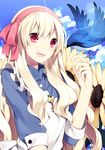  :d bad_id bad_pixiv_id bird blonde_hair flower hijiri_(resetter) kagerou_project key kozakura_marry long_hair open_mouth red_eyes smile solo souzou_forest_(vocaloid) sunflower vocaloid 