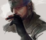  beard big_boss black_gloves blue_eyes brown_hair cigar earphones eyepatch facial_hair fingerless_gloves gloves headband male_focus metal_gear_(series) metal_gear_solid mochimainosuke mustache simple_background smoke smoking solo upper_body 