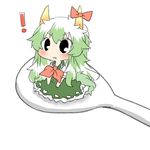  1girl bow ex-keine green_hair horn_ribbon horns kamishirasawa_keine long_hair lowres minigirl rebecca_(keinelove) ribbon rice_spoon simple_background solo spoon tail touhou white_background 