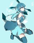  animal_ears bare_shoulders blue_eyes blue_hair blue_legwear boots gen_4_pokemon glaceon highres long_hair looking_at_viewer multicolored_hair personification pokemon pokemon_(creature) solo tail takeshima_(nia) thigh_boots thighhighs two-tone_hair zettai_ryouiki 