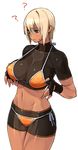  23_(real_xxiii) :&lt; ? abs aqua_eyes bike_shorts bikini blonde_hair blush breasts dark-skinned_girl_(23) dark_skin fingerless_gloves gameplay_mechanics gloves highres impossible_clothes impossible_shirt large_breasts midriff muscle muscular_female navel original phantasy_star phantasy_star_online_2 shirt short_hair shorts side-tie_bikini simple_background sketch skin_tight solo sweatdrop swimsuit swimsuit_over_clothes white_background 