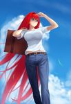  aozaki_aoko arm_up belt blue_eyes breasts cloud day denim hair_intakes impossible_clothes impossible_shirt jeans large_breasts long_hair pants red_hair shirt sky smile solo suitcase t-shirt tsukihime tsukikanade very_long_hair 