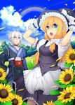  1girl arms_up bad_id bad_pixiv_id blonde_hair bow flower glasses green_eyes hair_bow hat kirisame_marisa long_hair mi_(liki1020) morichika_rinnosuke open_mouth petals rainbow silver_hair sunflower touhou wind witch_hat wrist_cuffs yellow_eyes 