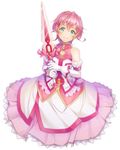  cosplay dog_days dress gloves green_eyes highres iii_(yuu-gi-ou_zexal) millhiore_f_biscotti millhiore_f_biscotti_(cosplay) otoko_no_ko pink_hair short_hair sword taccomm weapon yuu-gi-ou yuu-gi-ou_zexal 