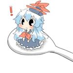  1girl blue_hair hat kamishirasawa_keine long_hair lowres minigirl rebecca_(keinelove) rice_spoon simple_background solo spoon touhou white_background 