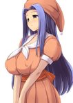  blue_hair breasts character_request covered_nipples grey_eyes hat highres huge_breasts light_smile long_hair namamo_(kura) nightcap seiken_densetsu seiken_densetsu_2 simple_background solo upper_body very_long_hair white_background 