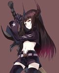  banned_artist black_gold_saw black_hair black_legwear black_rock_shooter brown_background claws demon_horns gradient_hair horns king_saw long_hair midriff multicolored_hair navel paseri red_eyes red_hair shorts solo sword thighhighs weapon 