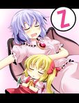  :d :o ascot bat_wings blonde_hair blush chibi closed_eyes flandre_scarlet ichimi lavender_hair letterboxed lying minigirl multiple_girls no_hat no_headwear open_mouth remilia_scarlet short_hair siblings side_ponytail sisters sleeping smile touhou wings zzz 