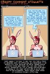  cleavage clothed clothing comment comparison computer dialog dialogue ear_piercing english_text fabinella female fruit hair how_to lady_snakebite lagomorph laptop mammal pear piercing rabbit red_eyes red_hair shirt sitting solo tank_top text 