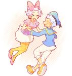  1girl adapted_costume beret bow bracelet closed_eyes daisy_duck disney donald_duck earrings hair_bow hat high_heels holding_hands jewelry kiri_futoshi open_mouth pantyhose personification pink_eyes polka_dot sailor shoes smile sneakers white_hair yellow_legwear 