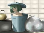 collarbone empty_eyes green_eyes green_hair hair_bobbles hair_ornament in_container kettle kisume poverty shirosato short_hair solo touhou trash_can twintails 