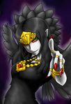 1girl armband bare_shoulders black_dress black_hair black_wings bracelet breasts bust collarbone dress duel_monster emblem fabled_grimro feathers female fingernails foreshortening green_eyes hair_between_eyes hands head_tilt jewelry long_fingernails long_hair long_image looking_at_viewer monster_girl multicolored_eyes nail_polish necklace outstretched_arm pale_skin parted_lips pataniito pataryouto pointing pointing_at_viewer pointy_ears purple_background red_nails red_sclera ring simple_background smile solo standing tall_image tiara upper_body wings yu-gi-oh! yuu-gi-ou_duel_monsters 