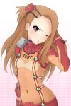  bodysuit brown_hair cosplay evangelion:_2.0_you_can_(not)_advance forehead highres idolmaster idolmaster_(classic) long_hair minase_iori multicolored multicolored_bodysuit multicolored_clothes neon_genesis_evangelion one_eye_closed orange_bodysuit plugsuit rebuild_of_evangelion red_bodysuit shikinami_asuka_langley shikinami_asuka_langley_(cosplay) solo souryuu_asuka_langley test_plugsuit yokke 