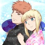  1boy 1girl ahoge blonde_hair blush braid emiya_shirou fan fate/stay_night fate/zero fate_(series) green_eyes hair_bun hair_ribbon hairbun japanese_clothes kimono lowres orange_eyes red_hair ribbon saber yukata 