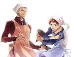  amakura_(am_as) apron archer bandana chopsticks cooking emiya_shirou fate/stay_night fate_(series) male_focus multiple_boys raglan_sleeves red_hair spatula white_hair yellow_eyes 