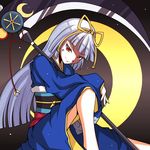  albino bunny1219 crescent_moon holding holding_scythe japanese_clothes kimono long_hair moon red_eyes scythe sister_quest sitting smile solo tsukiko_(sister_quest) white_hair 