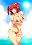  bad_id bad_pixiv_id bare_shoulders bikini blue_eyes blush breast_hold breasts cameltoe cleavage curvy hair_bobbles hair_ornament highres hips large_breasts lips looking_at_viewer micro_bikini musashino_sekai onozuka_komachi red_bikini red_hair skindentation solo swimsuit thick_thighs thighs toned touhou two_side_up wide_hips 