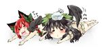  =_= animal_ears barefoot bird_wings black_hair black_wings blush bow braid cat_ears closed_eyes hair_bow highres ice_pack kaenbyou_rin long_hair multiple_girls nanami_(nanami811) o3o open_mouth panties red_hair reiuji_utsuho side_braid single_braid striped striped_panties sweat tongue tongue_out touhou underwear wings 