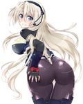  ass ass_grab back-seamed_legwear bad_id bad_pixiv_id blue_eyes blush bodysuit boots breasts fingerless_gloves gloves grabbing_own_ass guiyu_(cindy) highres horizon_ariadust kyoukaisenjou_no_horizon large_breasts long_hair pantyhose seamed_legwear silver_hair skindentation solo thigh_boots thigh_gap thighhighs very_long_hair 