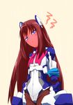  1girl android black_legwear blue_eyes blush bodysuit embarrassed f_walsingham female frown highres kozy kyoukai_senjou_no_horizon kyoukaisenjou_no_horizon puppet red_hair solo surprised 