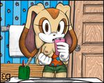  blush breasts brown_eyes camera clothed clothing cream_the_rabbit cup epilepticgerbil female looking_at_viewer nipples open_mouth open_shirt phone sega selfie shirt shorts solo sonic_(series) towel undressing 