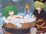 bathing black_eyes blonde_hair bow breasts brown_eyes bubble bucket cleavage collarbone detached_sleeves green_hair grey_eyes hair_bobbles hair_bow hair_ornament in_bucket in_container jack_(wkm74959) kisume kurodani_yamame medium_breasts mizuhashi_parsee multiple_girls nude off_shoulder pointy_ears short_hair sleeves_rolled_up smile touhou twintails undressing water wooden_bucket 