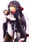  1girl asama_tomo black_hair black_legwear bodysuit bow breasts female gree_eyes green_eyes hanami_(horizon) heterochromia kyoukai_senjou_no_horizon kyoukaisenjou_no_horizon minigirl red_eyes solo weapon 