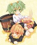  ass blonde_hair blush bow bucket collarbone fang green_eyes green_hair hair_bobbles hair_bow hair_ornament kisume kurodani_yamame long_sleeves multiple_girls one_eye_closed open_mouth short_hair smile spanked spanking touhou twintails wide_sleeves wooden_bucket yellow_eyes zamudelin 