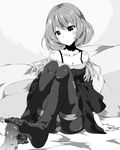  bare_shoulders blush breasts cleavage footjob fringe_trim greyscale idolmaster idolmaster_cinderella_girls medium_breasts mole mole_under_eye monochrome off_shoulder panties panties_under_pantyhose pantyhose penis pillow plus9 precum short_hair sitting takagaki_kaede thighband_pantyhose underwear 