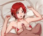  armpits bar_censor bed_sheet bikini blush breasts breath censored hetero hino_akane_(smile_precure!) lying medium_breasts micro_bikini on_back open_mouth paizuri paizuri_under_clothes penis pillow pointless_censoring precure red_eyes red_hair short_hair smile_precure! swimsuit toshi_aki 