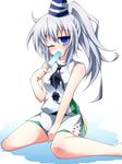  blue_eyes blush bottomless creta_(taku10) food hat long_hair mononobe_no_futo no_pants one_eye_closed ponytail popsicle silver_hair sleeveless solo tate_eboshi touhou 