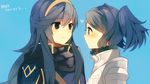  armor bad_id bad_pixiv_id blue_hair blush cape cynthia_(fire_emblem) fire_emblem fire_emblem:_kakusei grey_eyes heart long_hair lucina mejiro multiple_girls short_hair short_twintails siblings sisters smile translated twintails 