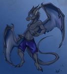  anyare blue_background clothing dragon glowing_eyes larkstarr male plain_background shorts smirk solo topless wings 