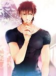  amakura_(am_as) brown_eyes brown_hair cross cross_necklace fate/zero fate_(series) jewelry kotomine_kirei male_focus muscle necklace shirt solo t-shirt tight_shirt 