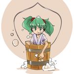  bucket collarbone green_eyes hair_bobbles hair_ornament in_bucket in_container kisume short_hair sleeves_rolled_up solo tongue touhou twintails wooden_bucket zassou_maruko 