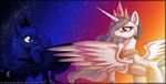  couple crown cutie_mark duo equine female feral friendship_is_magic hair horn horse inuhoshi-to-darkpen mammal multi-colored_hair my_little_pony necklace pony princess princess_celestia_(mlp) princess_luna_(mlp) purple_eyes royalty sky sparkles stars sunrise winged_unicorn wings 
