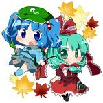  aqua_hair ayu_(iyokanya) backpack bad_id bad_pixiv_id bag blue_eyes blue_hair blush bow front_ponytail green_eyes hair_bobbles hair_bow hair_ornament hat highres kagiyama_hina kawashiro_nitori key long_hair long_sleeves multiple_girls open_mouth puffy_sleeves short_hair short_sleeves smile touhou two_side_up 